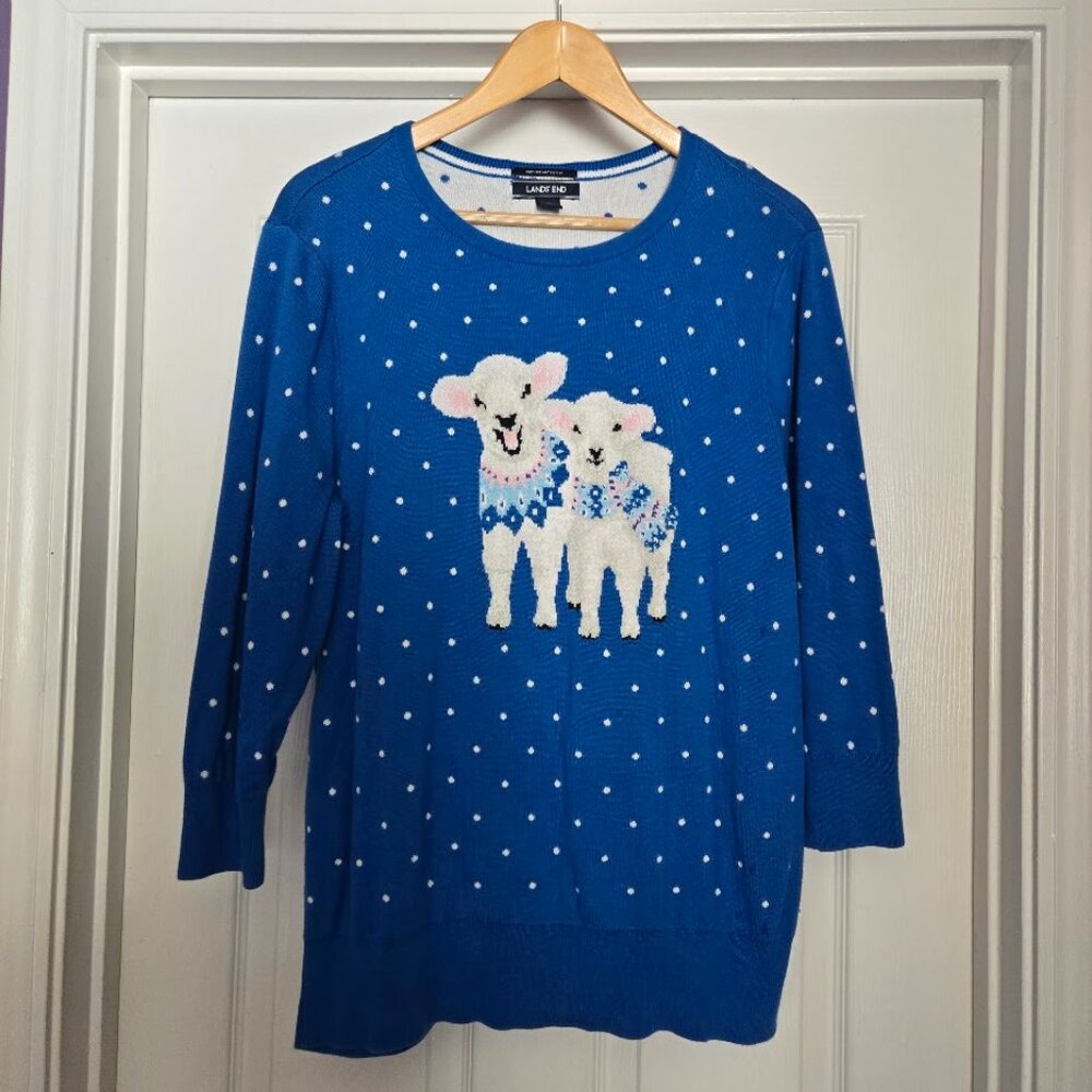 Land’s End‎ Lamb Sweater Blue Polka Dot Supima Cotton L
